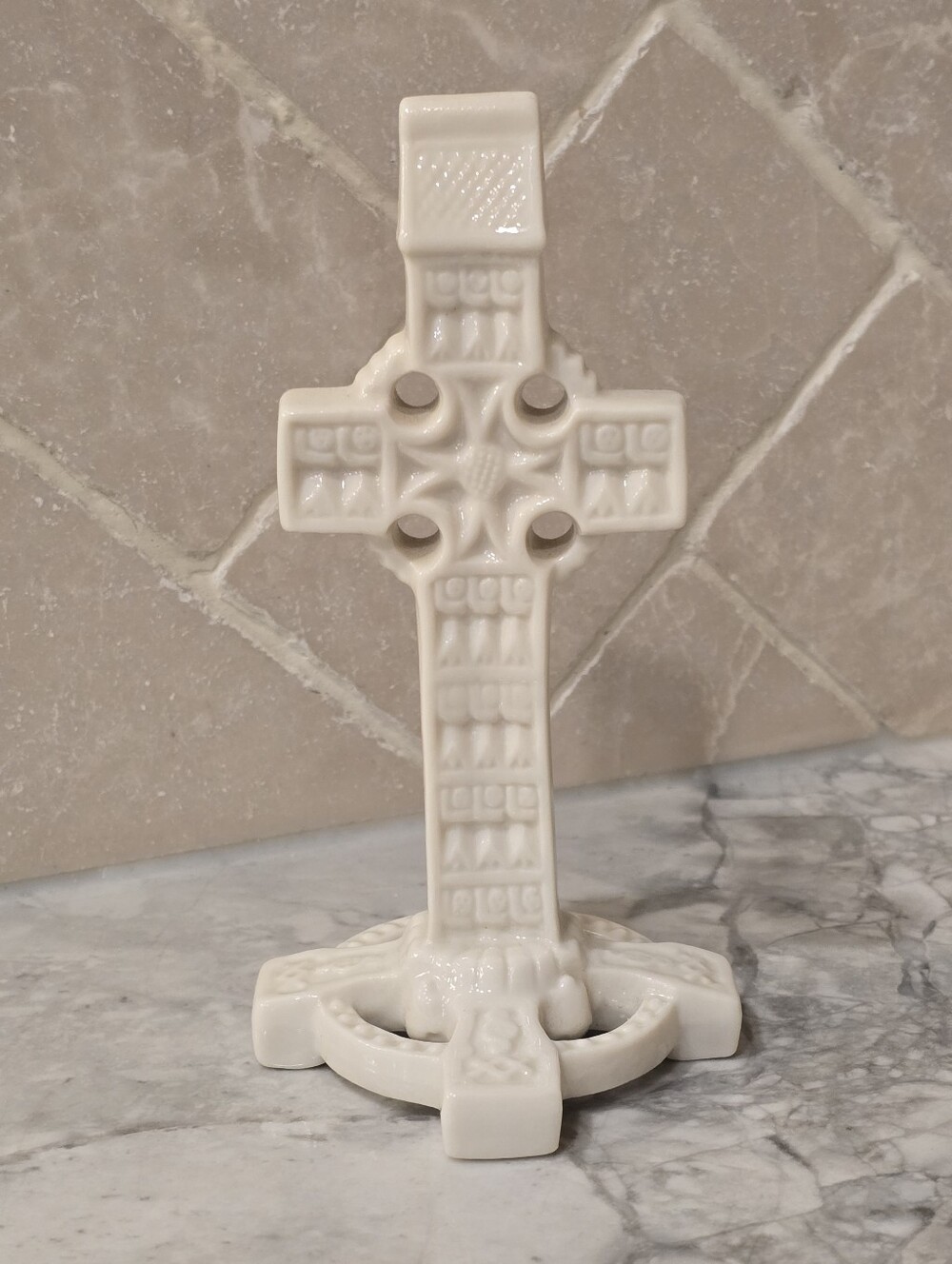 Vintage Belleek Irish Porcelain Celtic Freestanding Cross Cream Art Statue